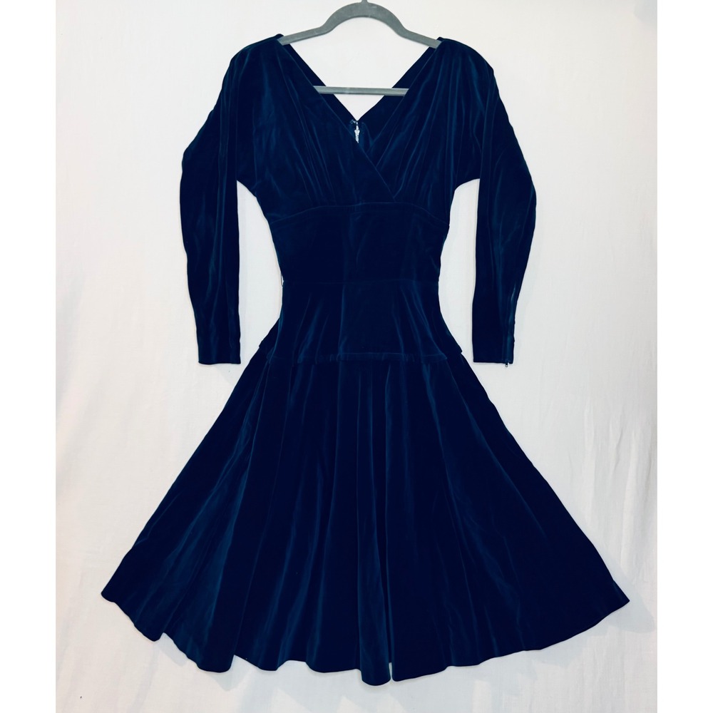 Vintage Sandra Sage Velvet Midi Dress Teal Blue V-Neck Long Sleeve Drop Waist